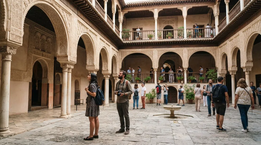 visitors standing in the free courtyard of the Corral del Carbón, with its Nasrid arches and galleried upper level in view