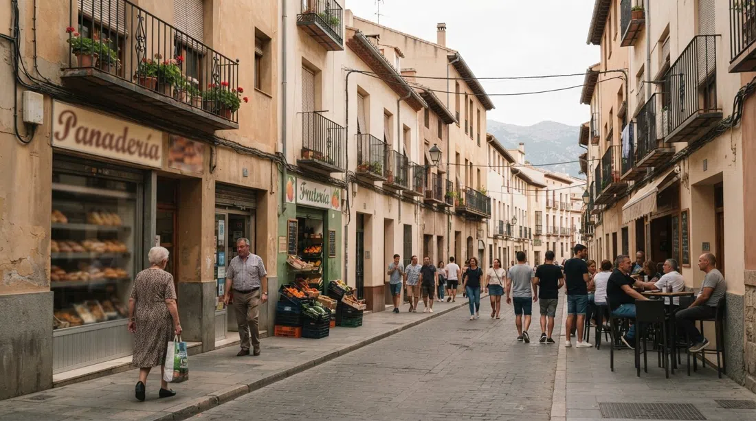 Calle Sagrada Familia in La Chana, Granada, with everyday shops at street level and low residential blocks under flat afternoon light