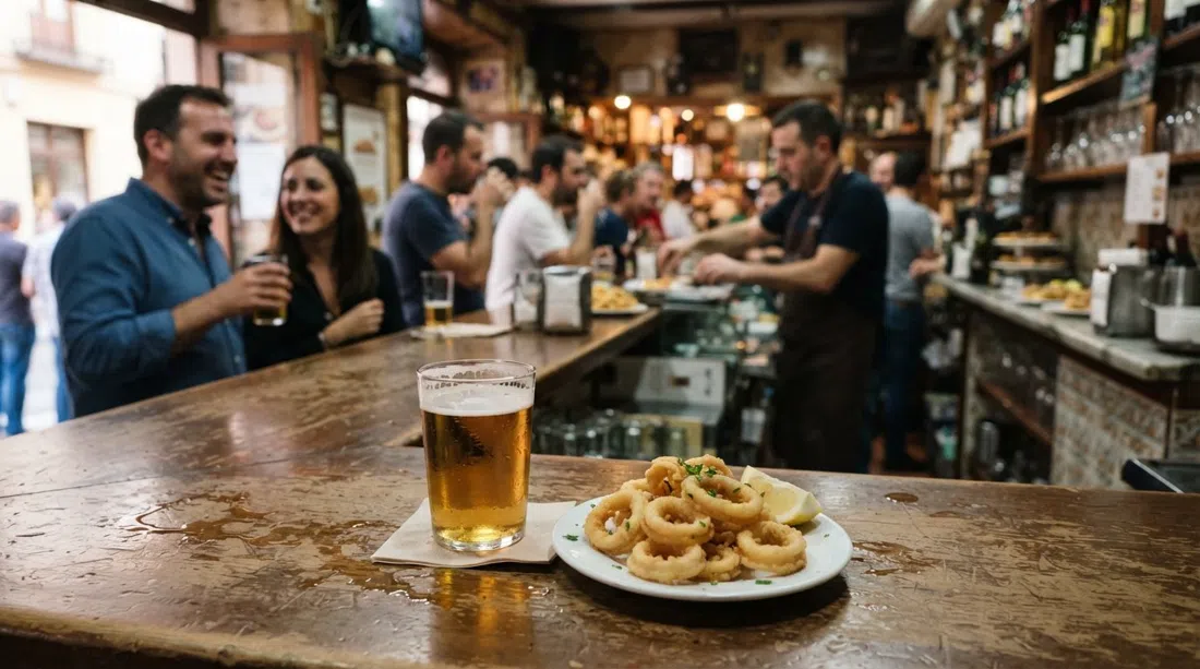 a caña and the free fried calamares tapa at Bar Teruel on Calle Salmon, served on a small bar counter in a busy neighbourhood tapas bar