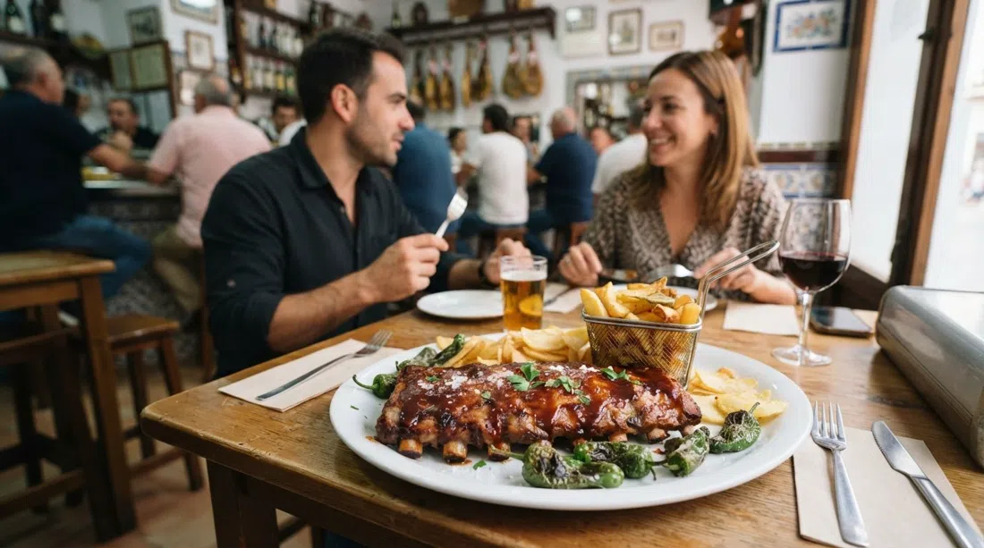 a shared plate of barbecued ribs with chips and peppers at Bar Teruel, the kind of oversized tapas plate that turns one drink into lunch