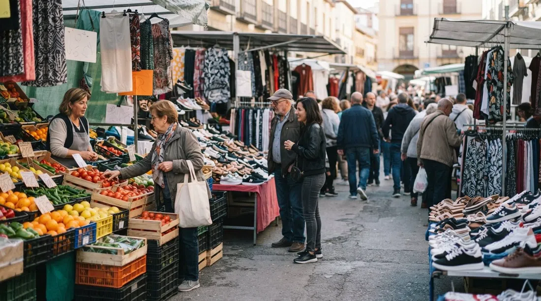 the Mercadillo de La Chana on a Wednesday morning, stalls of fruit, vegetables, shoes and cheap clothes with neighbours browsing and chatting