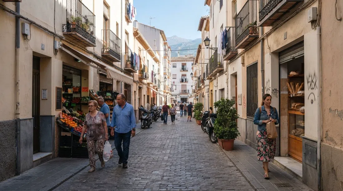 Calle Sagrada Familia in La Chana with simple shopfronts and practical retail, the kind of everyday shopping street used by residents