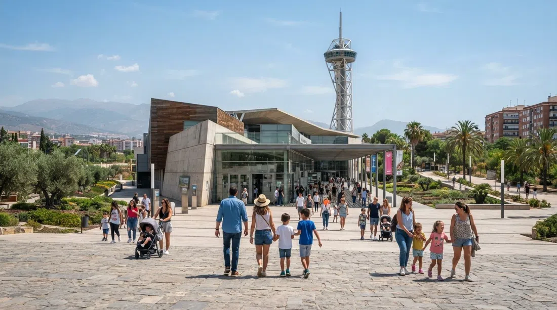 the broad modern frontage of the Parque de las Ciencias in Zaidín, with families arriving under clear daylight and the observation tower rising behind the complex