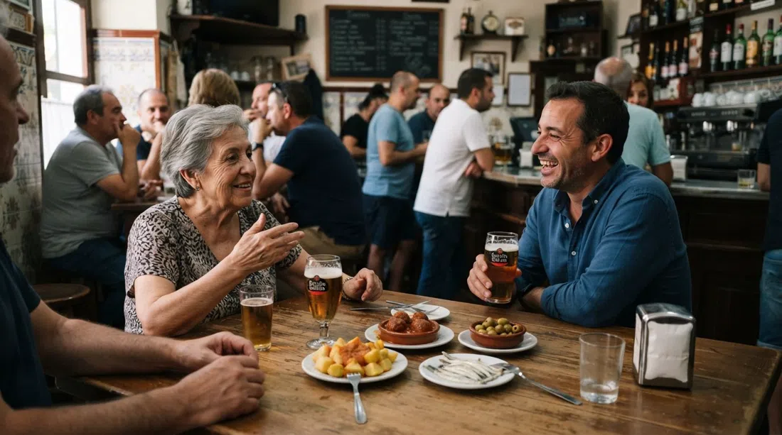 a crowded lunchtime table at Cafetería Almudena on Calle Poeta Gracián, with cañas, home-style tapas and the easy bustle of a neighbourhood bar