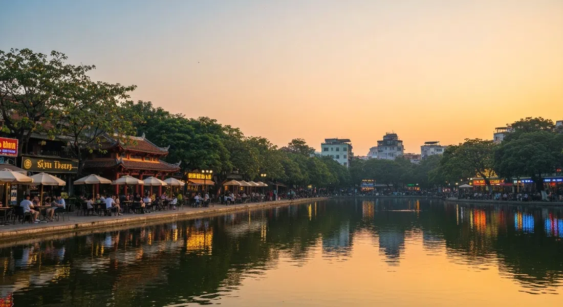 Ho Tay at golden hour, with the wide lakeside promenade in Tay Ho and silhouettes of cafés and trees reflected in still water