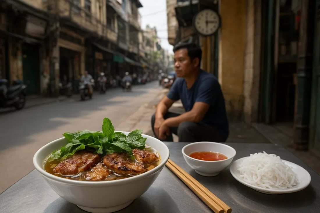a steaming bowl of bun cha with grilled pork, herbs and noodles at Bún Chả Hương Liên, served on a simple metal table under bright lunch-hour light