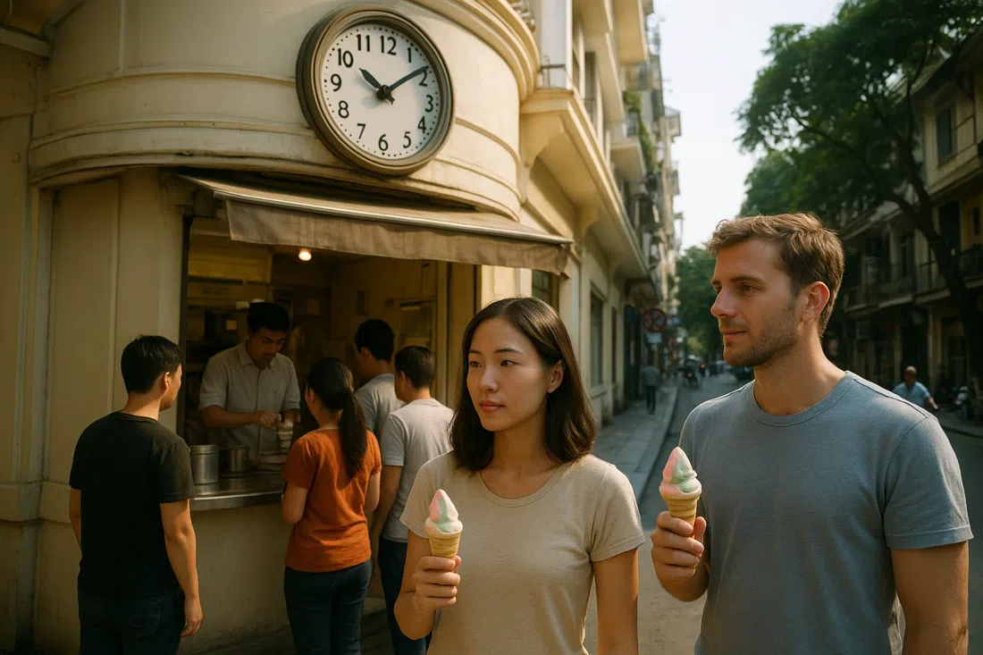 Kem Trang Tien on Trang Tien with a small queue at the counter, customers holding pastel ice-cream cones in the late afternoon