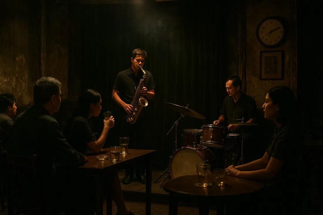 the intimate, smoky interior of Binh Minh Jazz Club at night, a small stage with saxophone and drums, audience tables close to the band