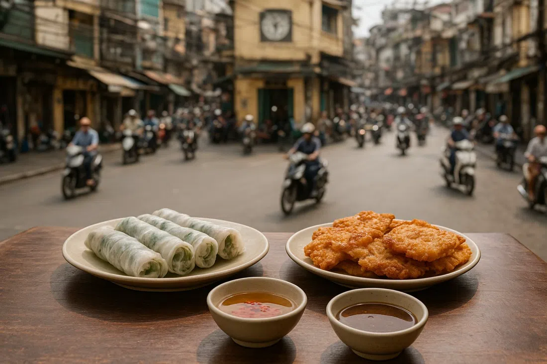 a plate of pho cuon and pho chien phong at Pho Cuon 31 on Ngu Xa street, upstairs table overlooking the busy lane with bowls of nuoc cham and beef gravy