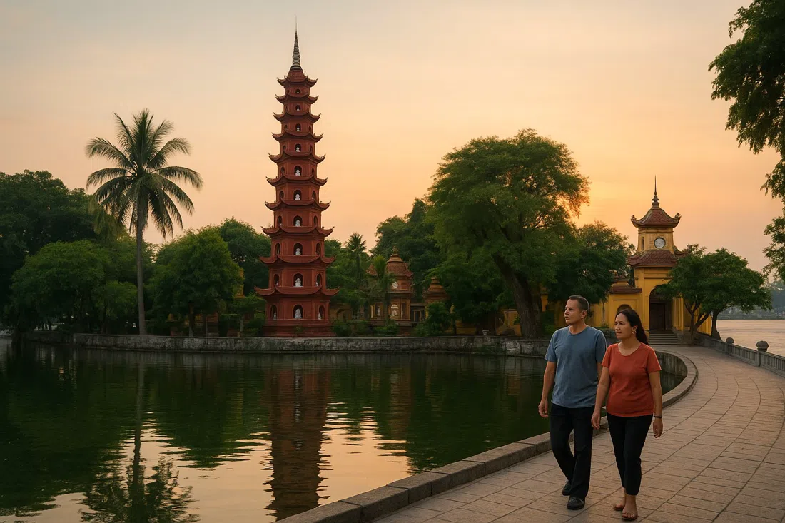 Tran Quoc Pagoda on its West Lake islet at sunset, the tiered red stupa framed against a pale sky and calm water