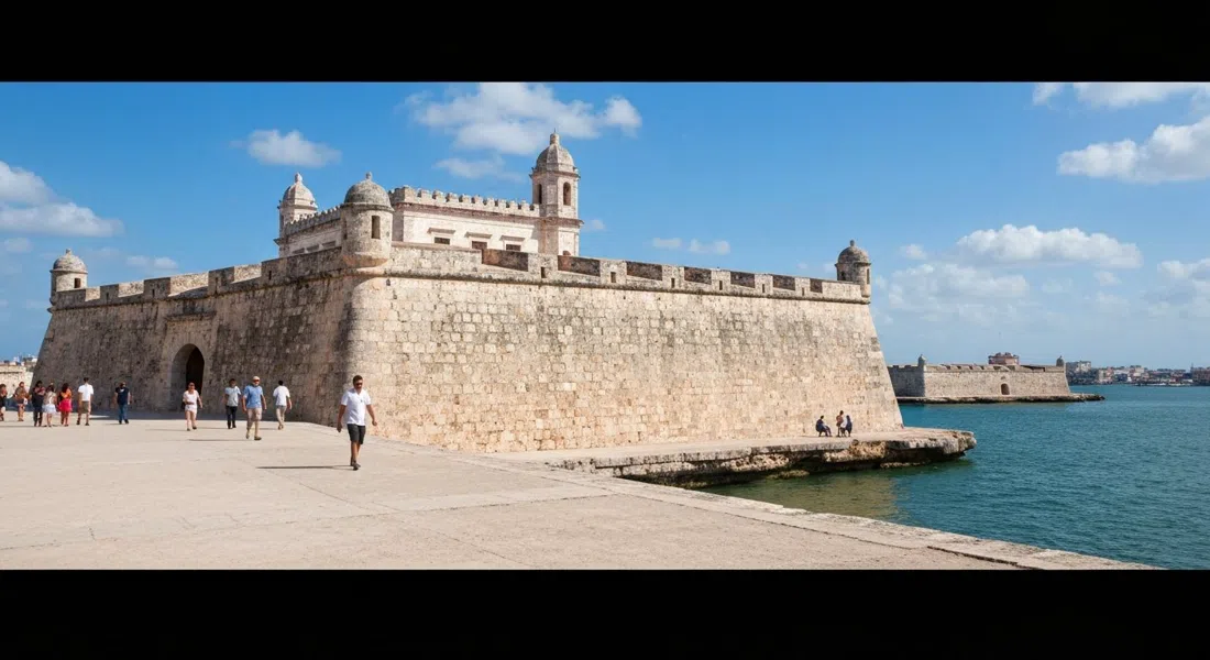 the fortress walls of Fortaleza de San Carlos de la Cabaña, massive stone ramparts on the ridge above the bay in bright midday sun