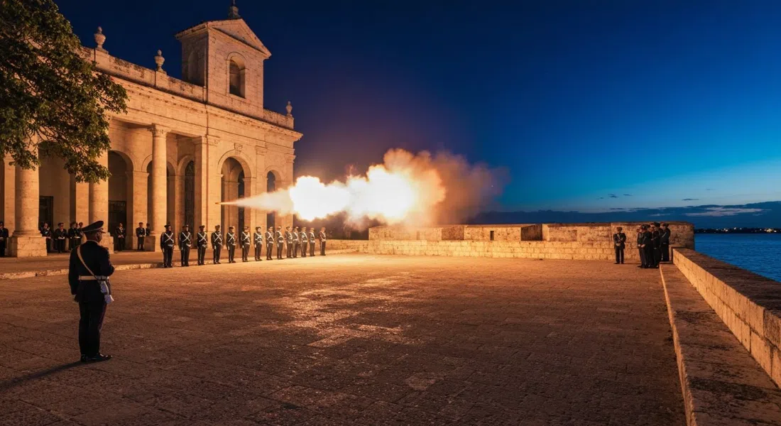 the El Cañonazo de las Nueve ceremony at La Cabaña, soldiers in historic uniforms gathered on the ramparts at night before the cannon fires