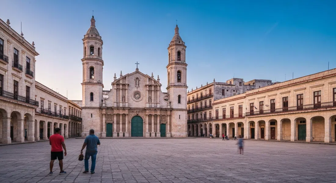 Plaza de la Catedral in Habana Vieja at late morning, the cathedral’s asymmetric towers rising over pale colonial facades and a quiet stone square