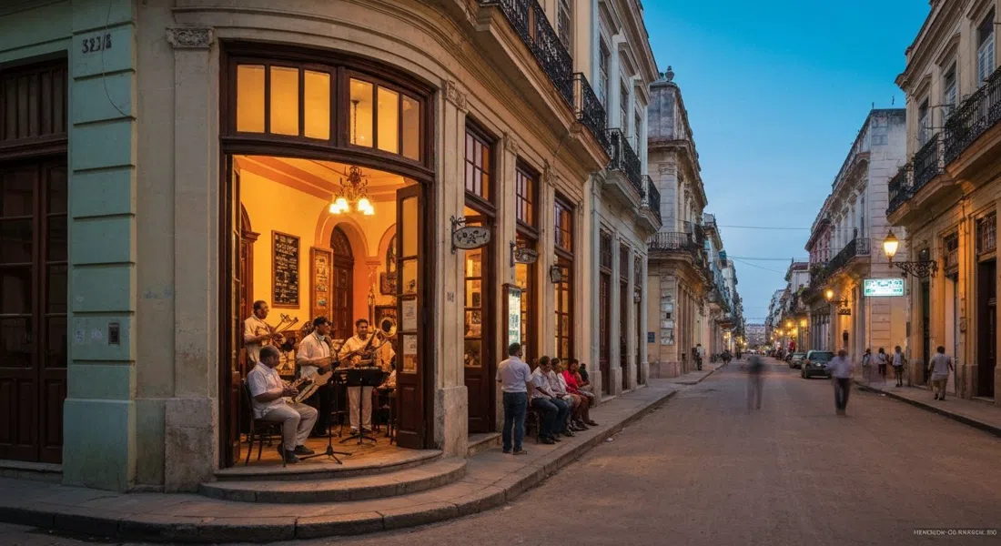 Café Taberna on the corner of Plaza Vieja at dusk, a live son band playing inside the restored colonial room with warm light spilling onto the street