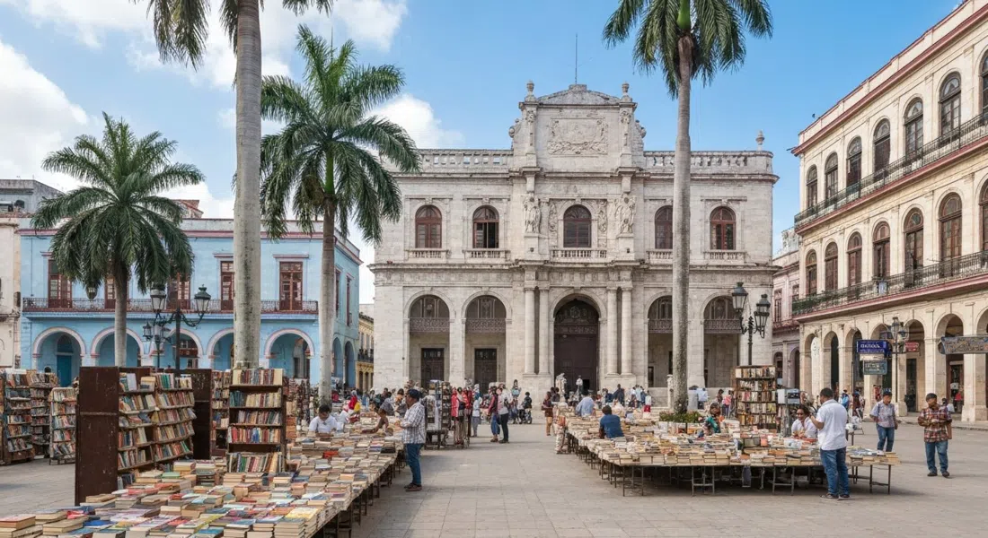 Plaza de Armas in Old Havana with second-hand book stalls under royal palms and the Palacio de los Capitanes Generales in soft daylight