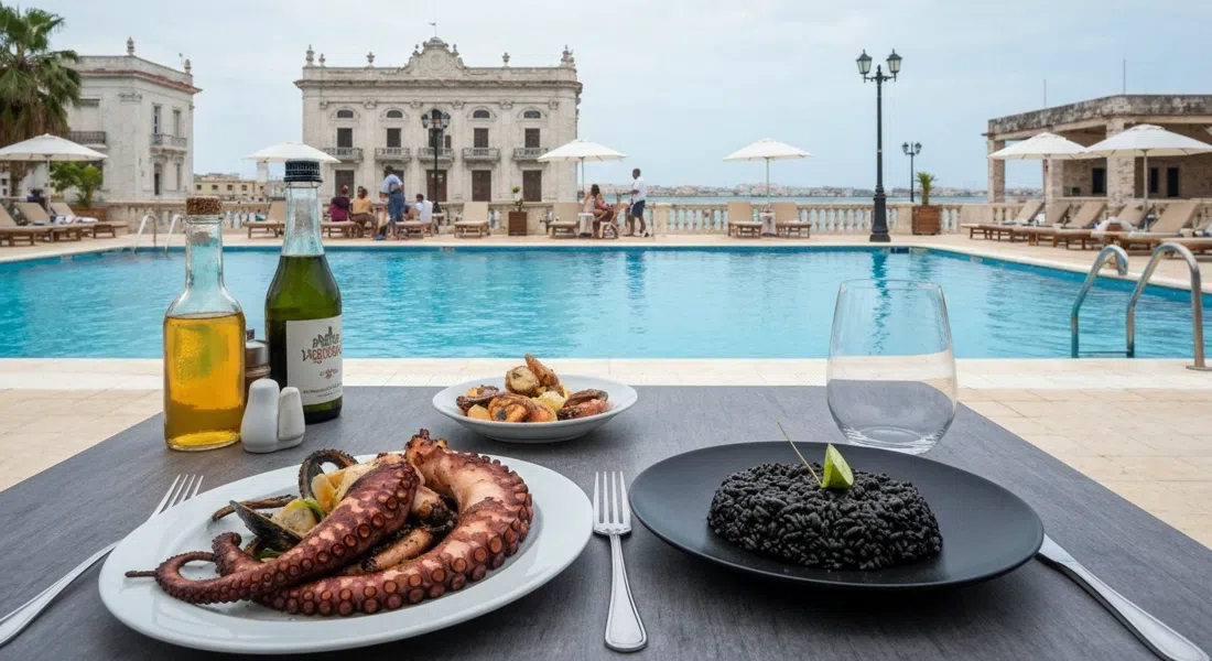a poolside seafood table at Paladar Vistamar on the waterfront, with grilled octopus, black risotto and the terrace facing the sea