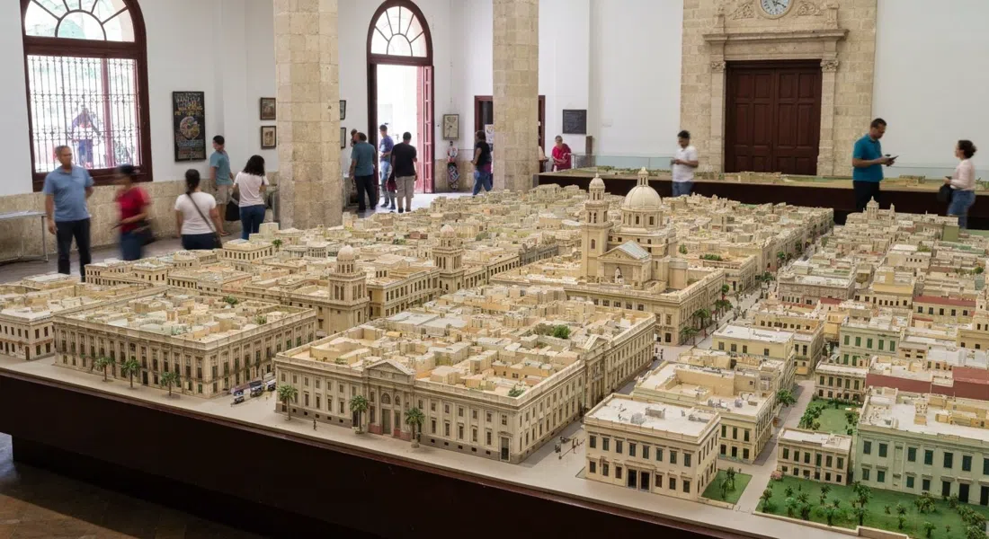 the Maqueta de La Habana viewed from above, the full 1:1000 city model spread across the room under museum lighting