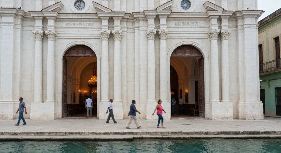 Iglesia de Nuestra Señora de Regla above the ferry dock, white facade and dim candlelit interior at midday, devotees visible in the doorway