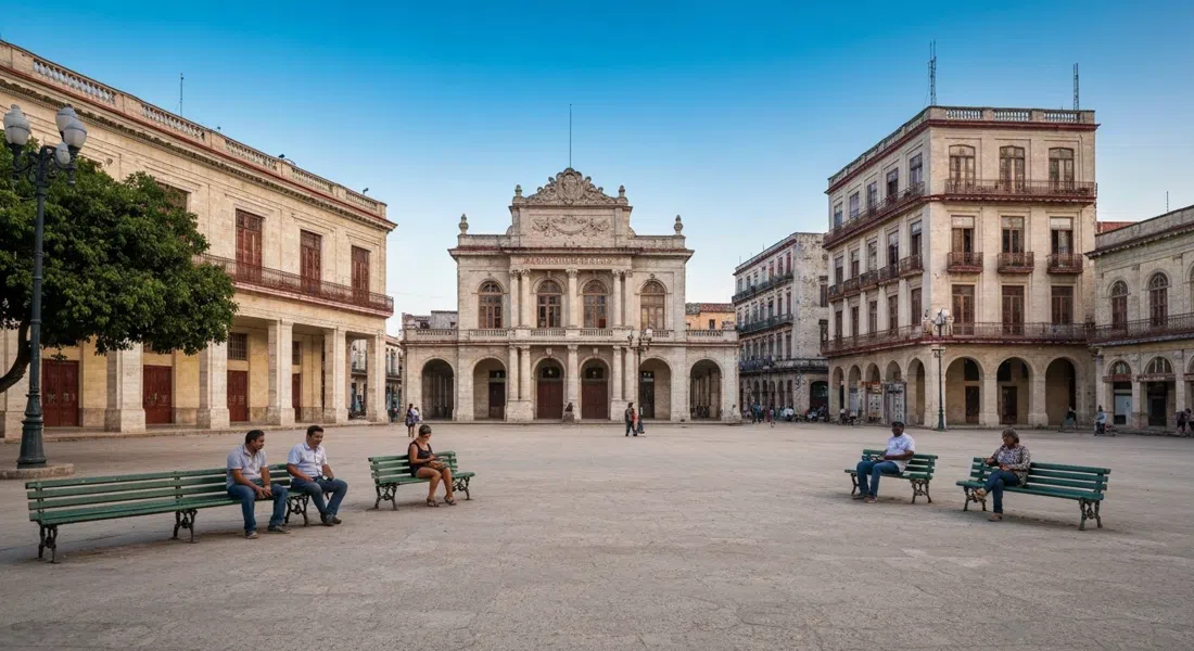 Parque Guaicanamar, the faded main square with the municipal building and old cinemas around it, late-afternoon light and locals gathering on benches