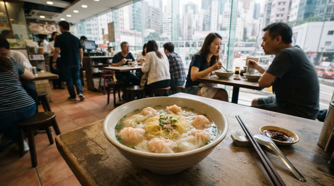 a bowl of Ho Hung Kee wonton noodles in clear prawn-roe soup on the 12th floor of Hysan Place, with springy noodles and delicate wontons