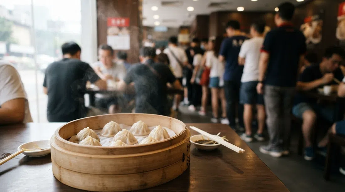 steamed xiao long bao at Din Tai Fung on Yee Wo Street, arranged in a bamboo basket with a queue blurred in the background