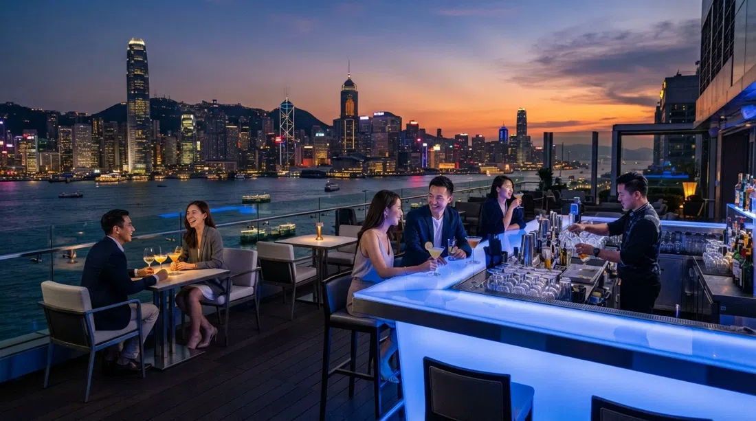 SKYE Roofbar & Brasserie on the 27th floor of The Park Lane Hong Kong, with a blue-lit bar and harbour view at sunset