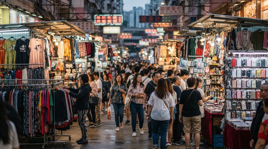 Tung Choi Street's Ladies' Market at dusk, rows of clothing racks, phone cases and souvenir stalls lit under dense shopfront signs