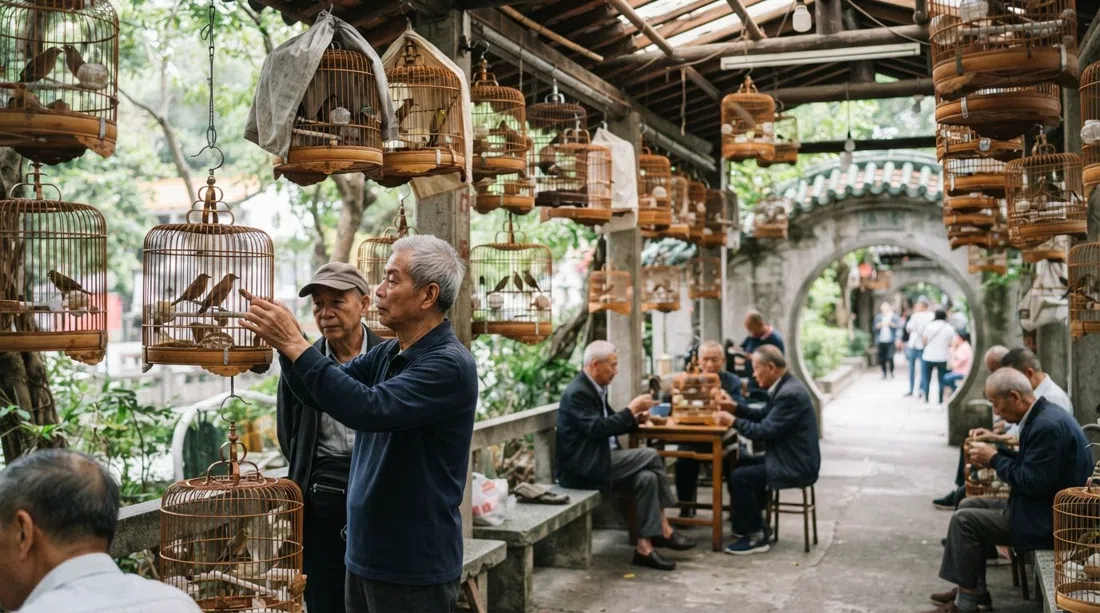 the Yuen Po Street Bird Garden near Prince Edward, bamboo bird cages hanging under a covered walkway with older men tending songbirds