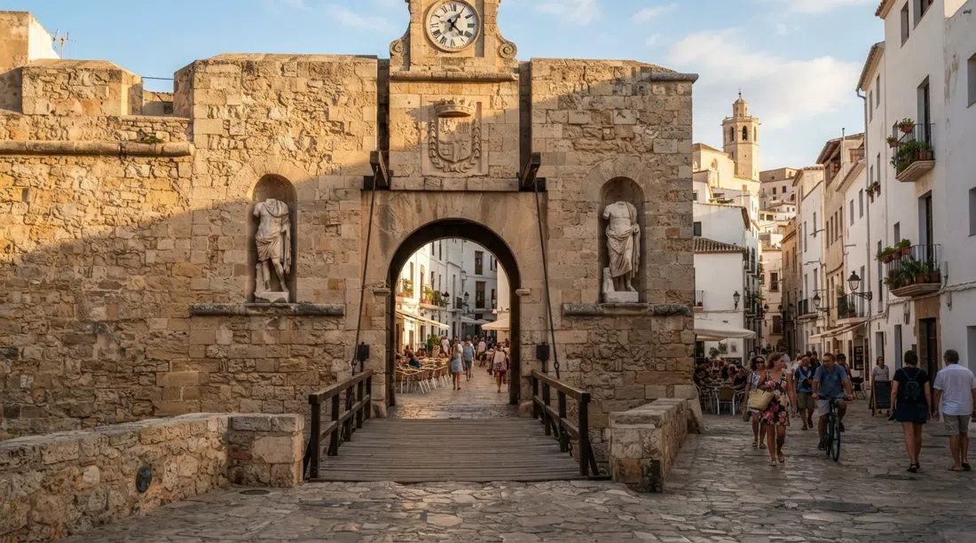 the Portal de ses Taules drawbridge gateway in Dalt Vila, flanked by two headless Roman statues and opening onto Plaça de Vila in late-afternoon light