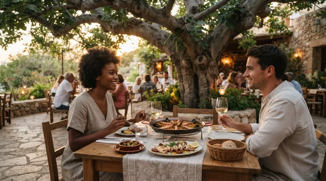 a shaded table at Es Ventall beneath the big fig tree, with a rice dish and squid with sobrassada on the table in soft evening light