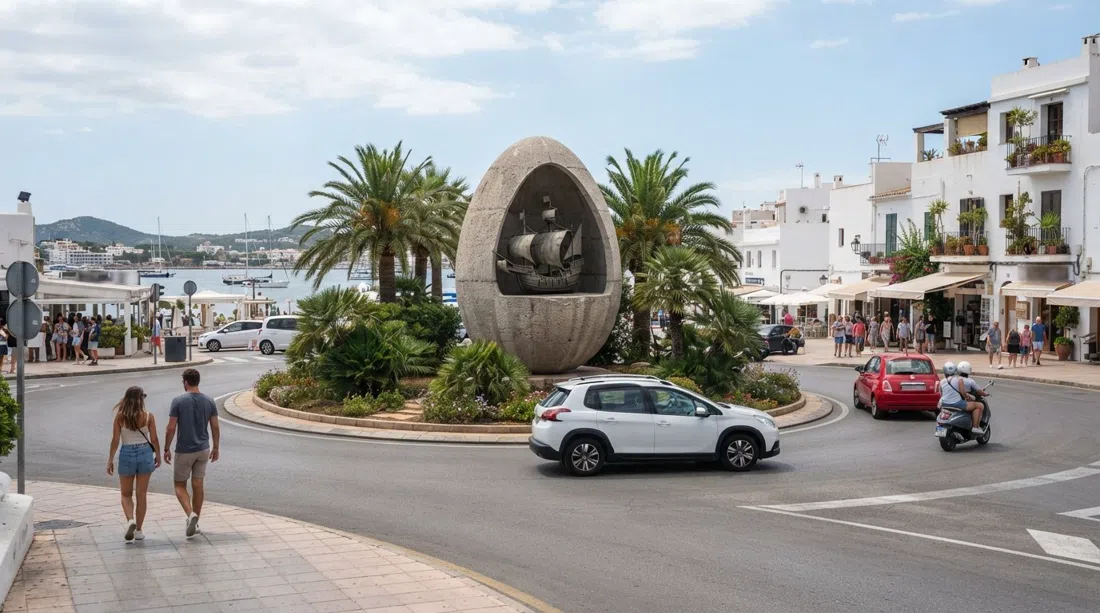the Egg of Columbus at the town entrance in daylight, the six-metre concrete egg with the Santa María model inside and traffic circling it
