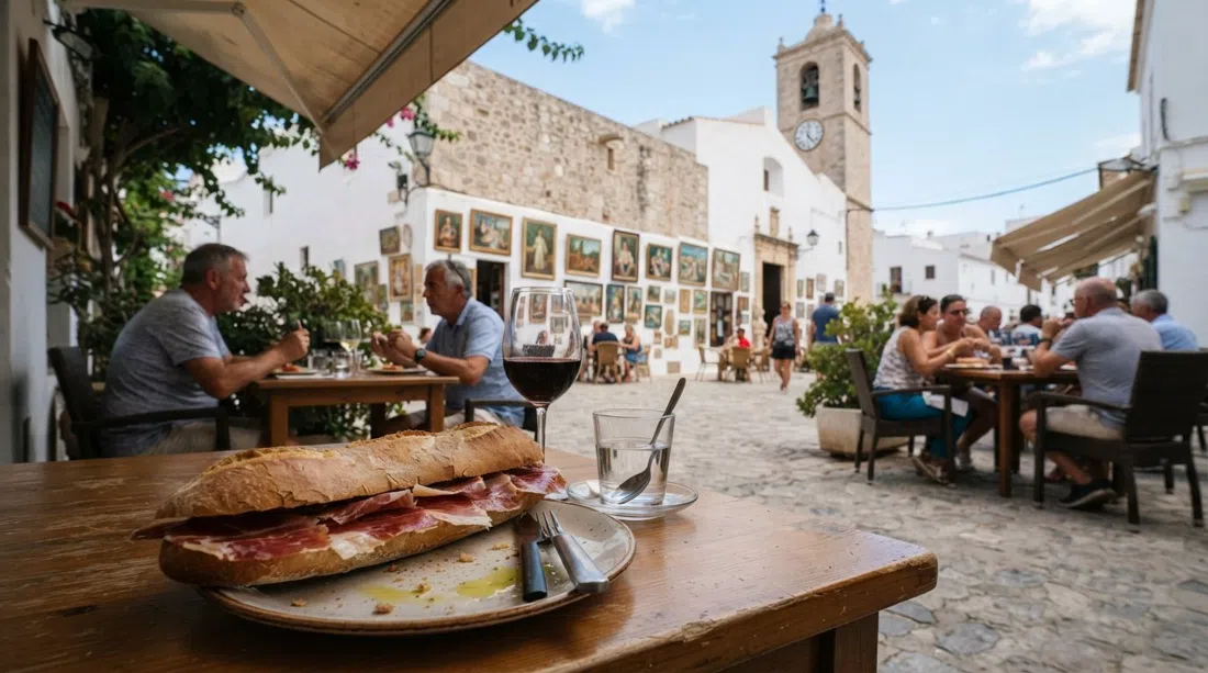 a cured-jamón bocadillo on the terrace at Bar Costa, with the church square and its wall of paintings behind it at lunchtime