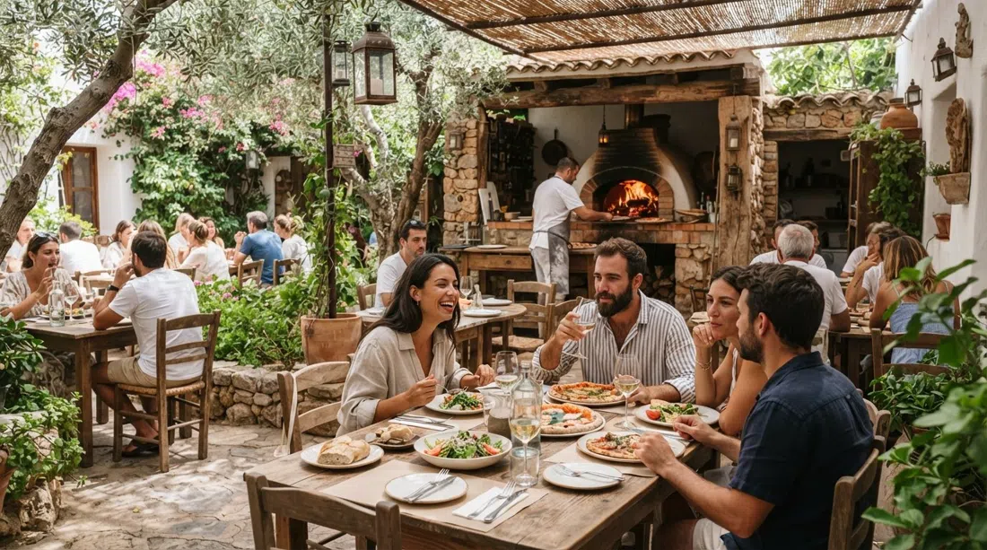 the shaded garden terrace at Macao Café in Santa Gertrudis, brick pizza oven visible through the trees and tables set for an unhurried lunch