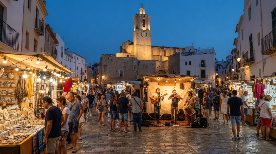 the Friday artisan market on the plaza at dusk, craft stalls glowing under warm lights with the church tower behind and people gathered for live folk music