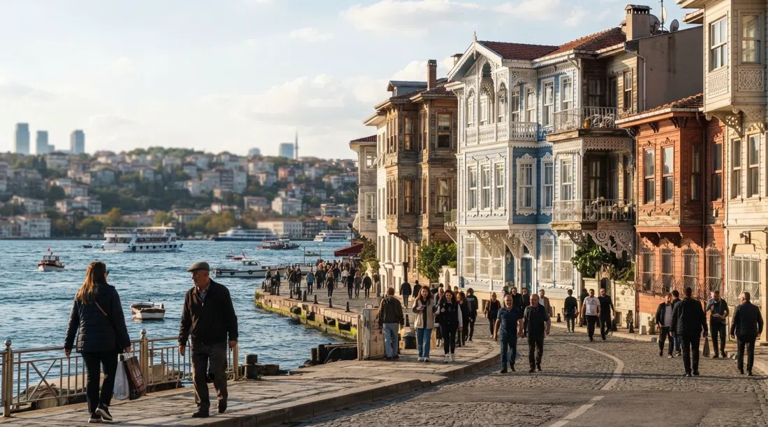painted late-Ottoman yalı mansions on Arnavutköy’s Bosphorus waterfront, timber facades and fretwork balconies catching late-afternoon light beside the shore road