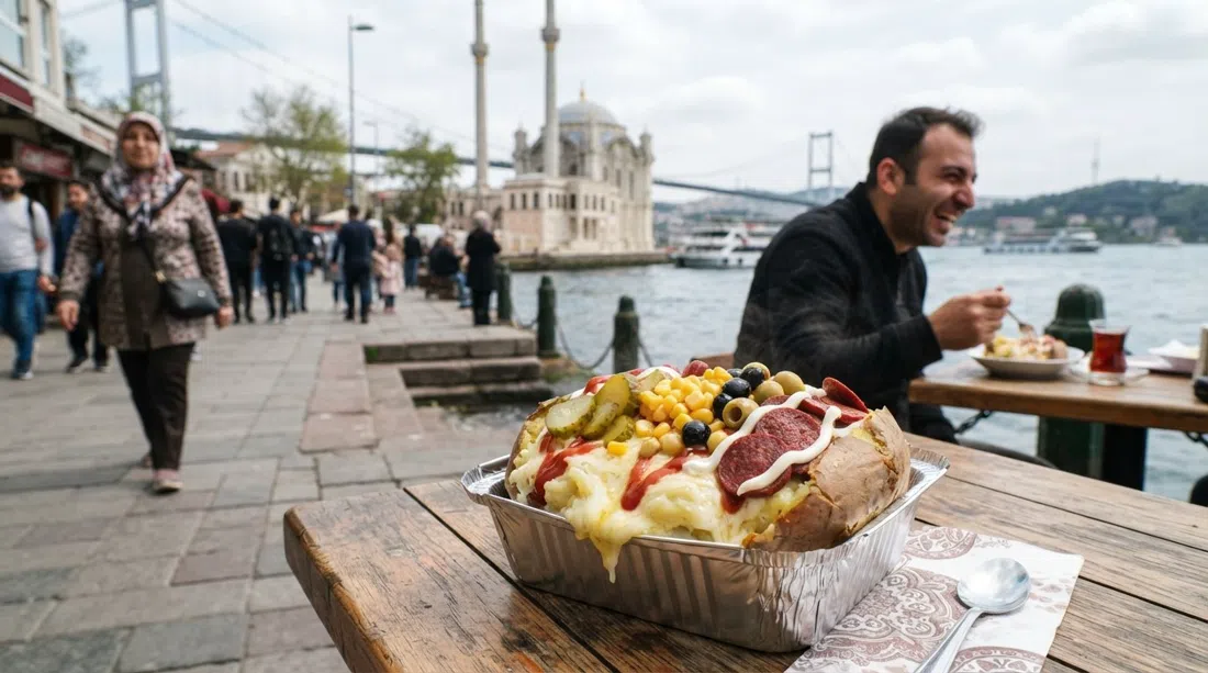 a foil-tray Ortaköy kumpir loaded with butter, kaşar, pickles, corn, olives and sausage beside the waterfront