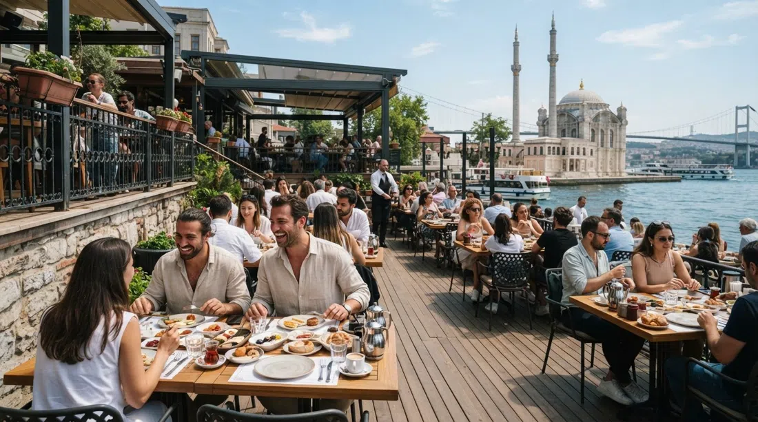 the open-air terraces of The House Cafe Ortaköy facing the Bosphorus, tables set for brunch with the water beyond