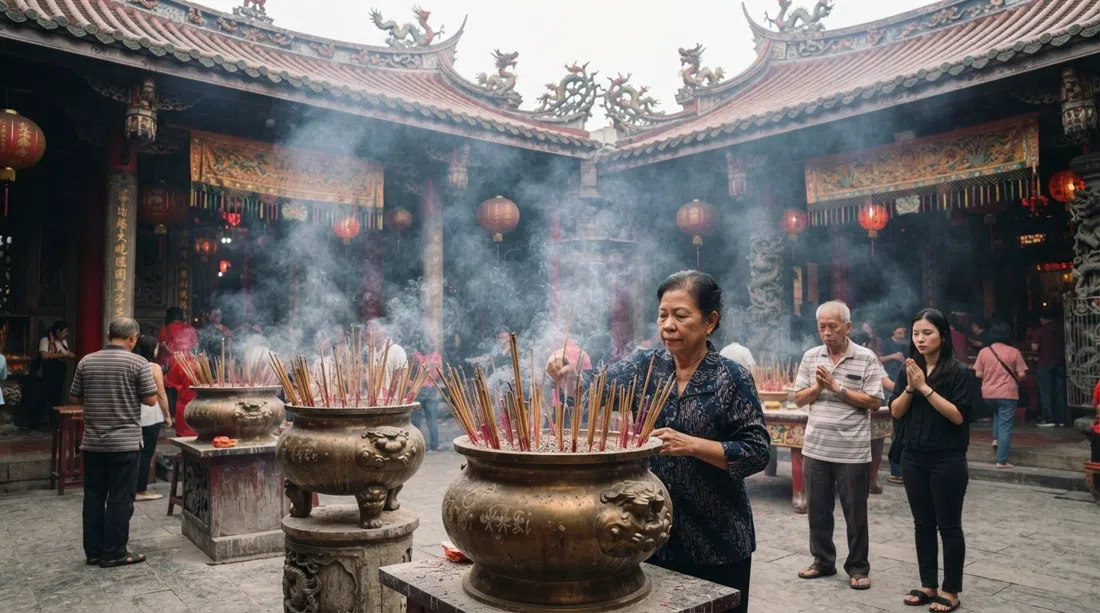 Vihara Dharma Bhakti on Jalan Kemenangan III, bronze incense urns packed with joss sticks and smoke drifting beneath the temple roof in soft morning light