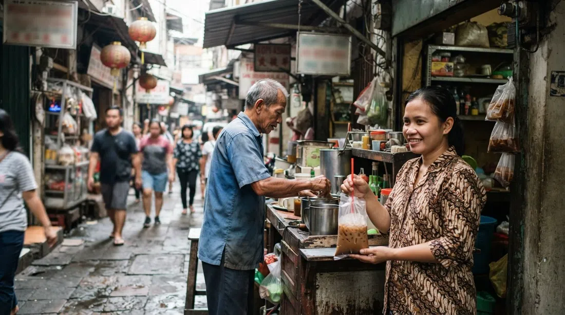 Kopi Es Tak Kie in Gang Gloria, a small standing coffee stall with a plastic-bagged iced kopi susu and morning light falling into the alley