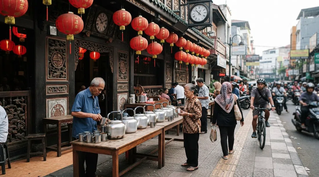 Pantjoran Tea House on Jalan Pancoran, restored pharmacy facade with red lanterns and the eight free tea kettles lined up on the pavement in daylight