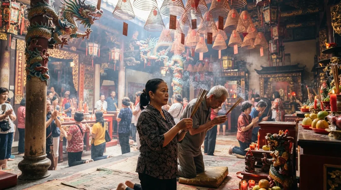 Vihara Dharma Bhakti interior, devotees burning joss sticks beneath hanging incense coils and dragon carvings during a bright morning service