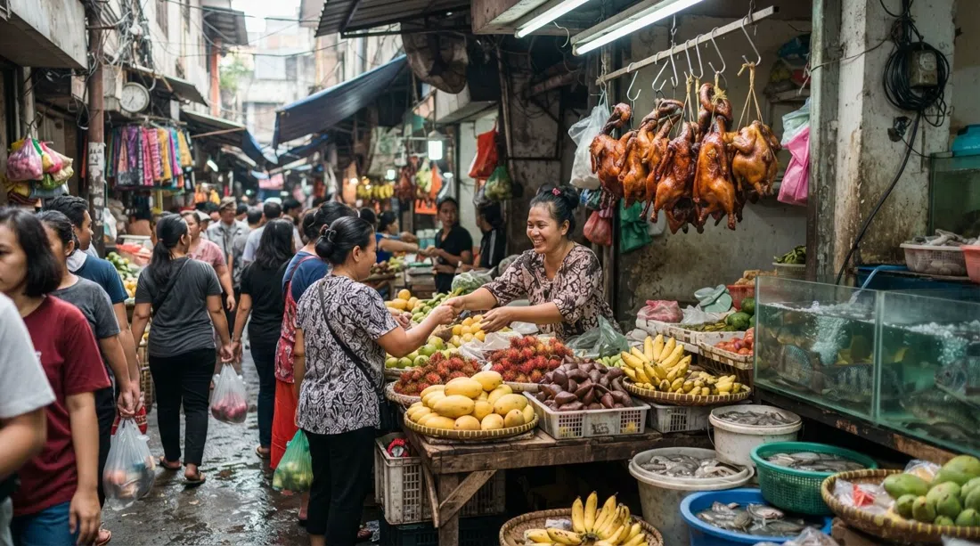 Petak Sembilan wet market, hanging roast ducks, live fish tanks and piles of tropical fruit in a narrow crowded alley under fluorescent light