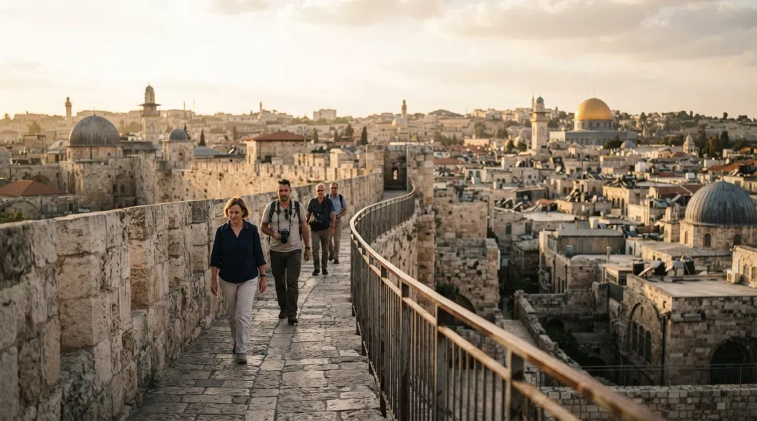 walkers on the Ramparts Walk atop the Ottoman walls, late-afternoon light over the Old City rooftops