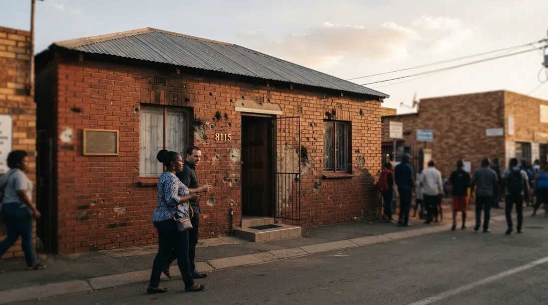 Mandela House on 8115 Vilakazi Street, the small red-brick facade with visible bullet holes and scorch marks in late afternoon light