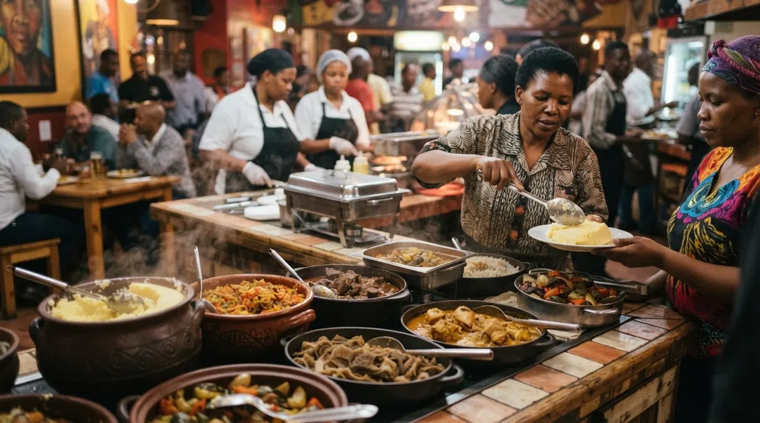 the buffet spread at Sakhumzi Restaurant on Vilakazi Street, with pap, chakalaka, stews and mogodu laid out under warm indoor light