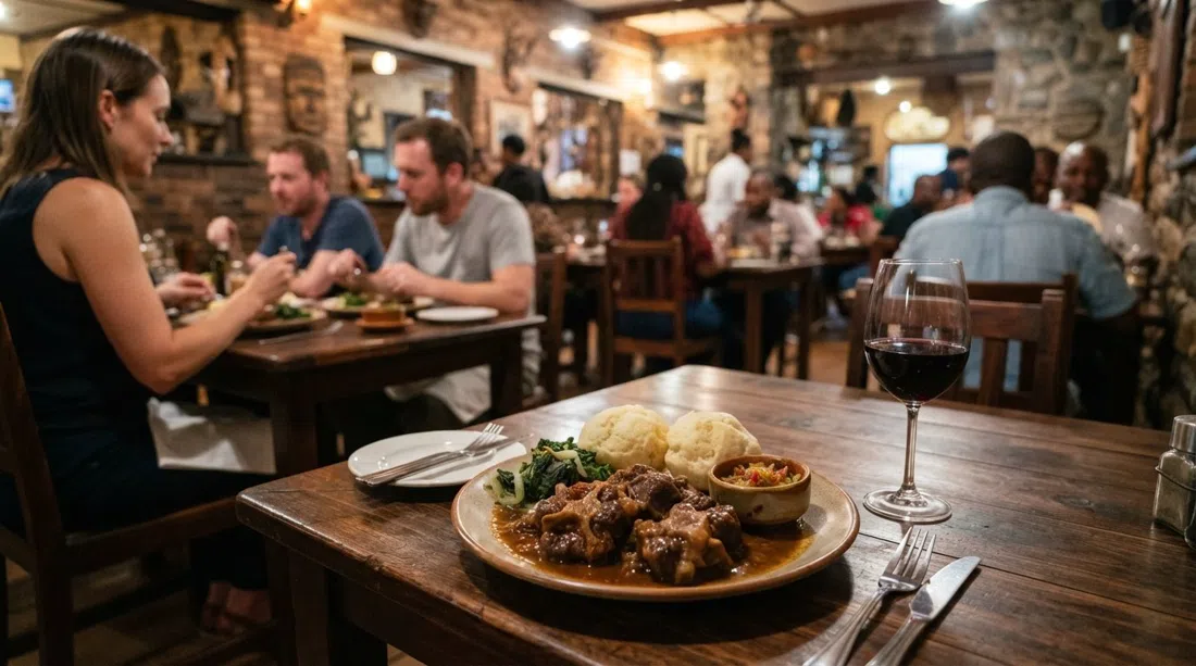 plated oxtail and dombolo at 1947 on Vilakazi Street, with a glass of red wine and the restaurant’s warm dining room in the background