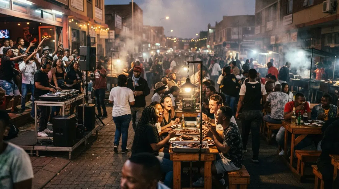 Vilakazi Street at dusk with outdoor tables, a DJ setup and crowds gathered under warm braai smoke and streetlights