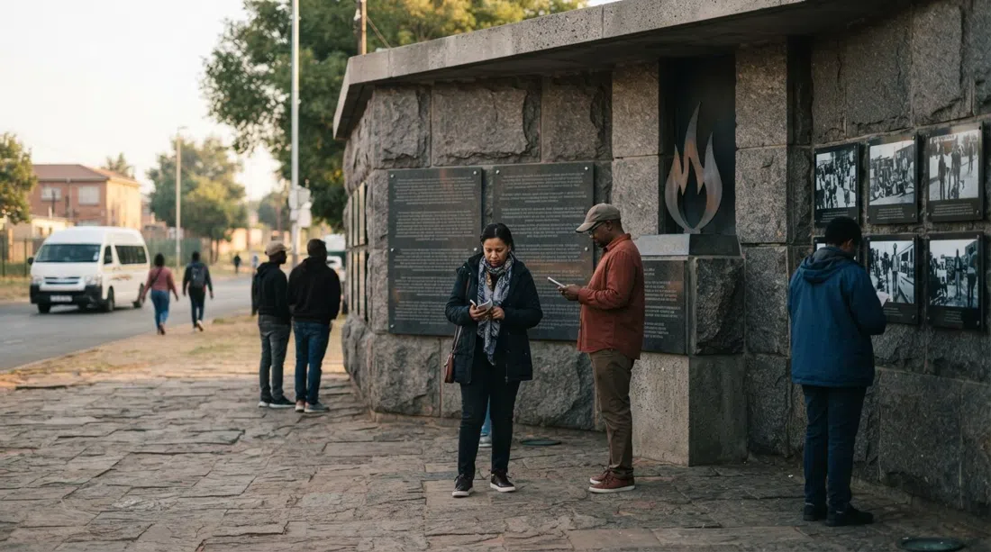 the Hector Pieterson Memorial granite exterior on Khumalo Street, with visitors reading the memorial in soft morning light