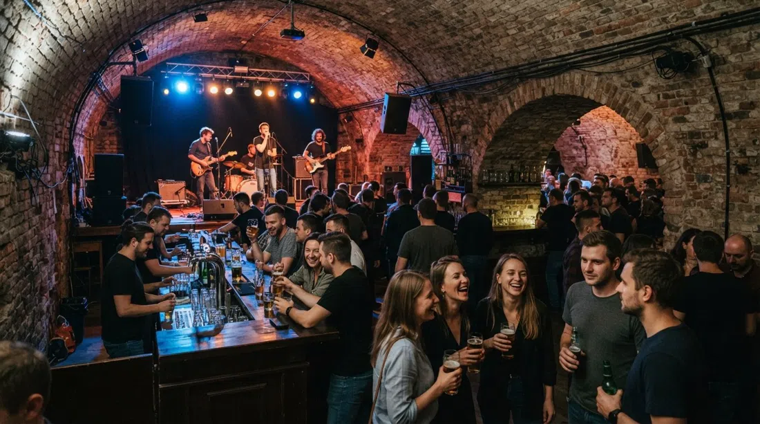 the exposed-brick vaults inside Forty Kleparz, with stage lighting, two bars and the atmosphere of a small live-music night