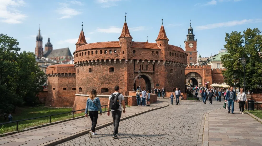 the Barbican and St Florian’s Gate from the north on a clear day, red brick walls and the approach from Stary Kleparz just beyond
